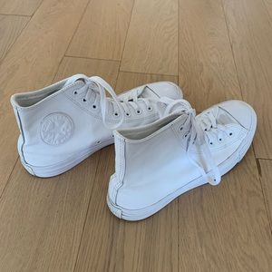 Unisex White Leather Converse High Top Sneakers - Men’s 7.5, Women’s 9.5